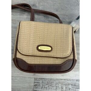 Rosetti Shoulder Handbag Tan Straw Like Fold Over Flap Brown Trim